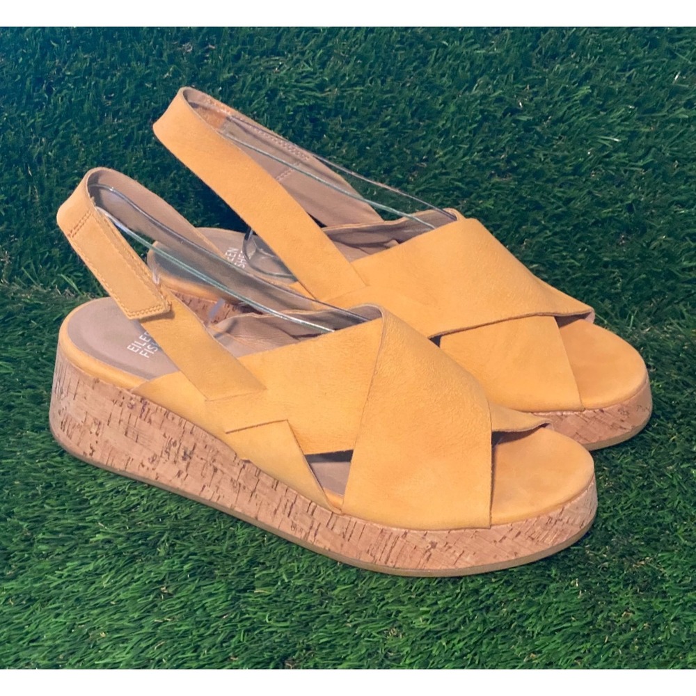 Eileen Fisher Yellow Wedge Sandals Espadrille Criss Cross Women's Size 9
